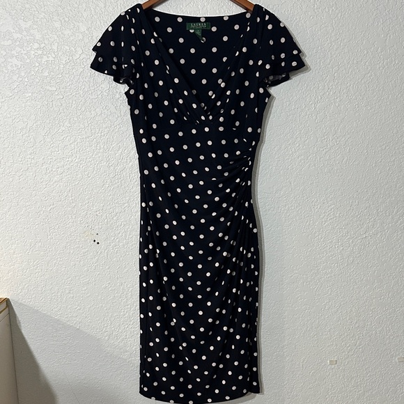 Lauren Ralph Lauren Dresses & Skirts - Lauren Ralph Lauren Polka‎ Dot Ruched Waist Ruffle Sleeves Stretch Size 4